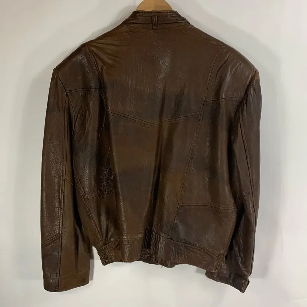 Vintage Grunge Brown Leather Bomber Jacket Sz 46 XL